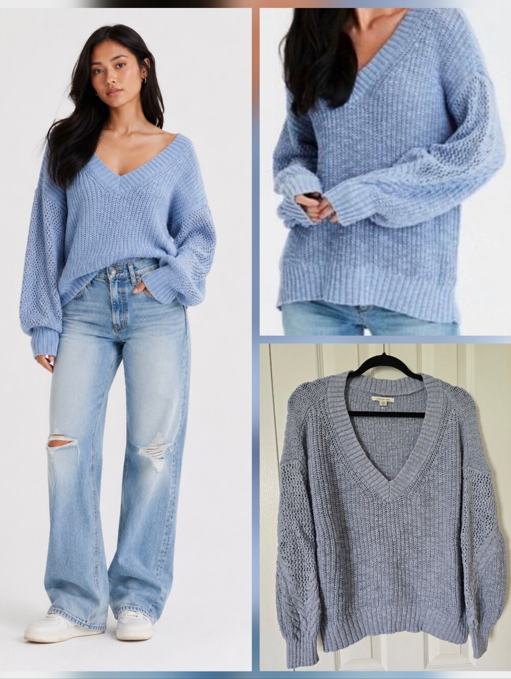 American Eagle 100% Cotton Light Blue V-Neck Chunky Knit Sweater